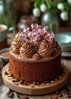 AI generated Chocolate cake decorated with flowers on wooden stand photo