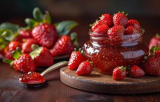 ai generado fresa mermelada en vaso tarro y Fresco fresas en de madera mesa foto