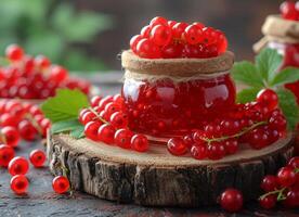 AI generated Jars with red currant jam on the wooden table photo