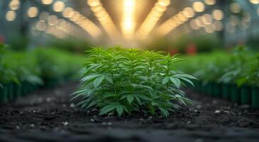 ai generado joven canabis planta crece en invernadero debajo brillante luces foto