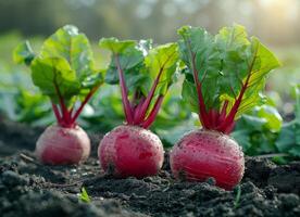 AI generated Fresh organic radishes growing on the farm photo