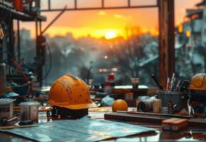 AI generated Yellow hard hat and other tools on the table in the workshop with sunset in the background photo