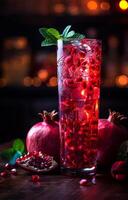 AI generated Pomegranate juice or cocktail with fresh pomegranate fruits and mint on wooden table photo