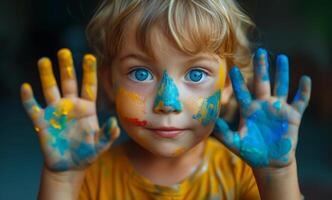 ai generado niño con pintar en su manos. un niño en vistoso pintar sostiene su manos arriba foto