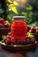 AI generated Jar of strawberry jam on wooden table in the garden photo