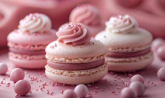 AI generated Pink macaroons with meringue on pink background photo