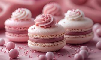 AI generated Pink macaroons with meringue on pink background photo
