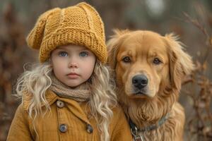 ai generado un bebé niña es en pie en frente de un perro foto