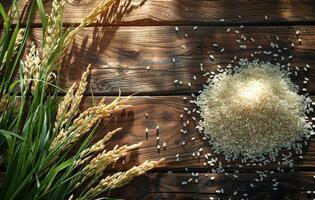 AI generated Jasmine rice and rice plant on the wooden table photo