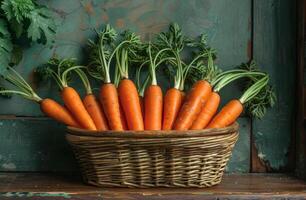 AI generated Fresh carrots in basket on wooden table photo