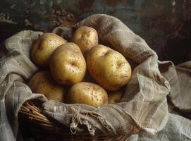 AI generated Potatoes in basket. Potatoes in a basket on a wooden table photo