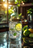 AI generated Cold drink with lime and mint on the kitchen table photo