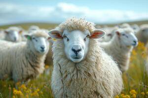 ai generado oveja en pie en campo. un oveja manada en herboso antecedentes foto