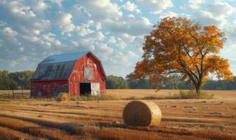 AI generated Red barn and hay bales sit in field on sunny autumn day. photo