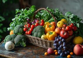 AI generated Fresh organic vegetables and fruits in the wicker basket and wooden table photo