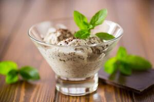 homemade ice cream with pieces of grated dark chocolate photo