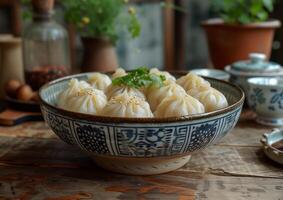 ai generado hecho a mano empanadillas xiaolongbao en de madera mesa foto