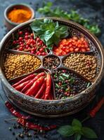 AI generated Colorful aromatic Indian spices and herbs on dark background photo