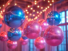 AI generated Shiny disco balls and fairy lights in nightclub photo