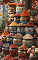 AI generated Spices and teas on the arab street market stall photo