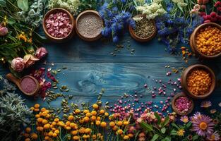 AI generated Different types of edible flowers on blue wooden background photo