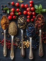 AI generated Spoons and spices on black background photo