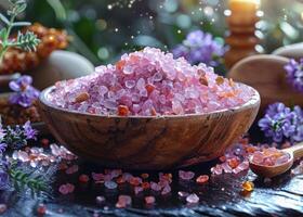 ai generado rosado himalaya sal en de madera cuenco y lavanda en mesa foto