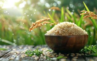 AI generated Brown rice in wooden bowl with rice plant in the background photo