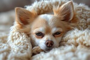 ai generado linda chihuahua perro es dormido en blanco cobija foto