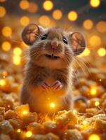 AI generated Cute little mouse and fairy lights in the background photo
