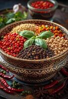 AI generated Colorful aromatic Indian spices and herbs in vintage bowl photo