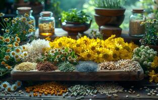 AI generated Different types of medicinal herbs on the table photo