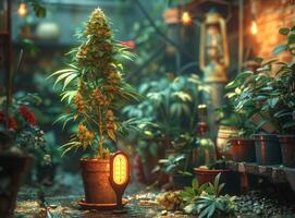 AI generated Indoor Marijuana plant in flowerpot. Medical marijuana concept photo