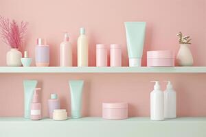 AI generated Soft pastel colored skin care products on a shelf. Generative AI photo