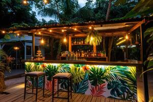ai generado al aire libre bar con tropical temática decoración. vacaciones noche vida concepto. generativo ai foto