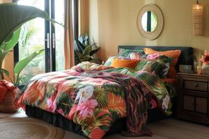 AI generated Bedroom accessories with tropical print. Tropical patterned bedding. Generative AI photo