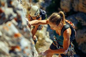 AI generated Women climb a rock while trekking outdoors. Generative AI photo