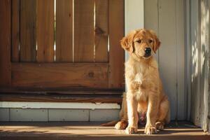 ai generado perrito perro sentado por frente puerta esperando para sus dueño. generativo ai foto