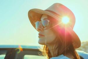 ai generado mujer en un sombrero en pie cerca su coche durante verano fiesta en el mar. generativo ai foto