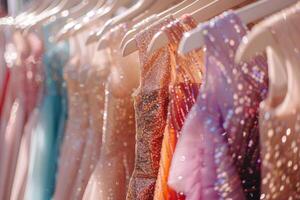 AI generated Many glittering elegant dresses in luxury modern shop boutique. Generative AI photo