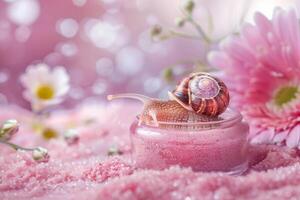 AI generated Snail and cream on pink background. Ingredients of rejuvenating cream and slime of snails. Cosmetics and skin care concept. Generative AI photo