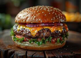 ai generado delicioso A la parrilla carne de vaca hamburguesa con lechuga queso cebolla y tomate en sésamo bollo foto