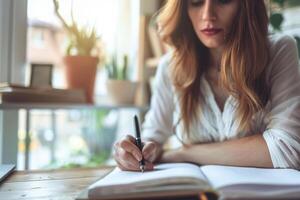 ai generado mujer lluvia de ideas ideas con un bloc y bolígrafo. mano con bolígrafo escritura en cuaderno. generativo ai foto