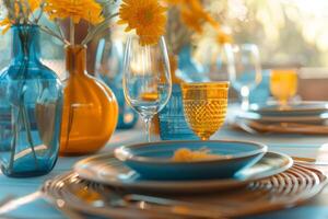 AI generated Summer table settings in blue, yellow, terracotta colors. Generative AI photo