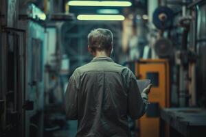 AI generated Back view of man in a modern factory with a tablet in his hands. Worker in industrial environment. Generative AI photo