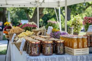 ai generado frascos de hecho en casa Enjambres y salsas a un local agricultores mercado. generativo ai foto