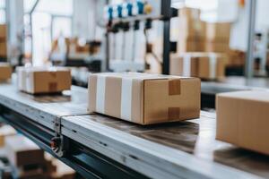 AI generated Cardboard boxes on conveyor in warehouse. Delivery, storage and distribution service concept. Generative AI photo