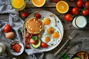 AI generated Breakfast set. Fried eggs, bacon, pancakes, avocado and orange juice. Generative AI photo