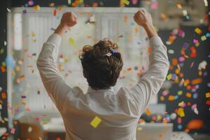 AI generated Rear view of happy businessman celebrates success with confetti in office. Generative AI photo