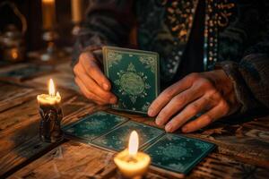 AI generated Tarot reader pick up tarot card. Tarot cards spread on table near burning candles. Generative AI photo